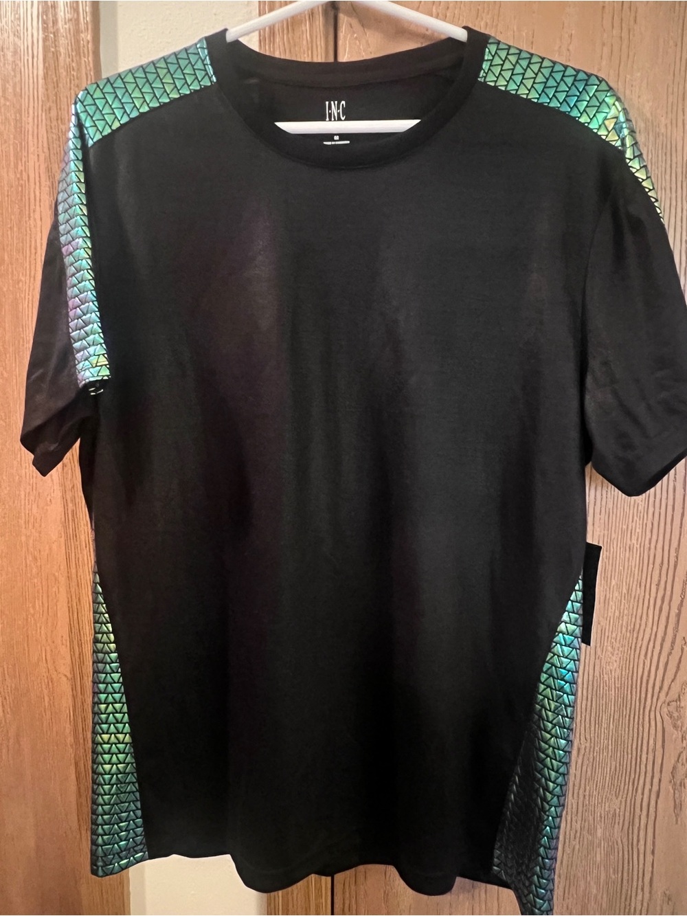 INC International Concepts Black Tee with Iridescent Green Trim